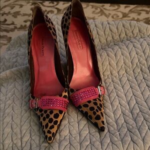 Cesare Paciotti Leopard Print Pointed Pumps with Pink Crystal Strap
